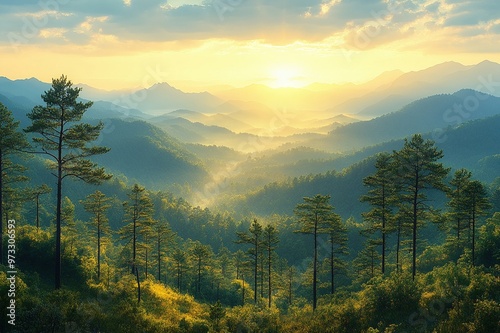 A peaceful sunrise over a mountain range photo