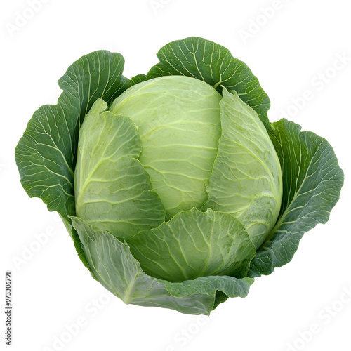 Fresh green cabbage head with vibrant outer leaves isolated transparent