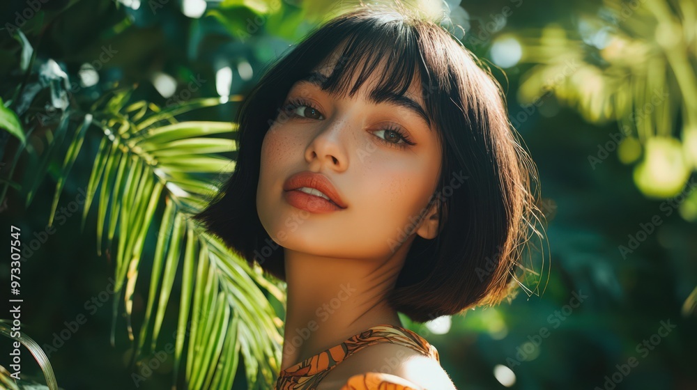 A confident woman with a stylish bob haircut radiates poise in a lush garden setting.