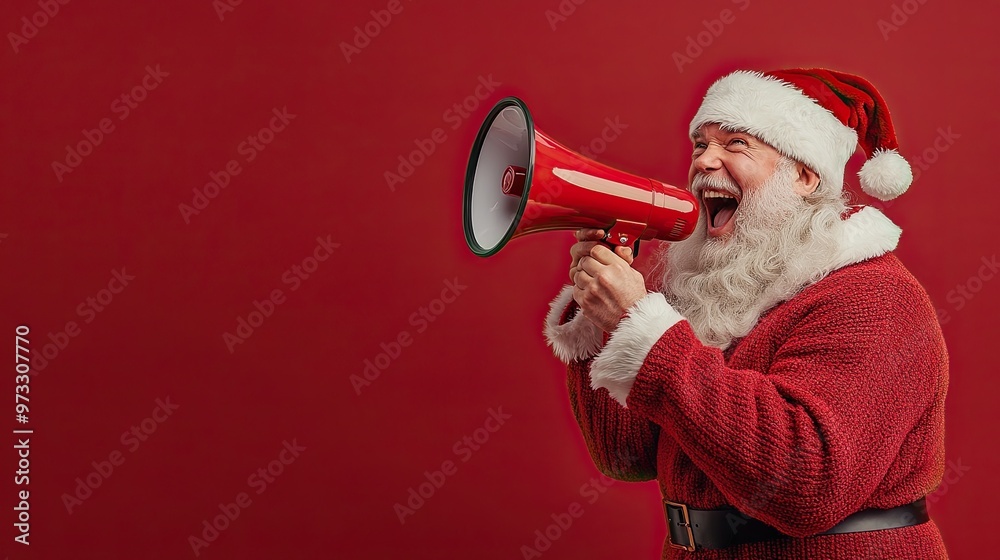 Santa Claus shouting news and offers through a megaphone, happy face expression, isolated on plain red background with copy space. Santa Claus shouting news and offers through a megaphone, happy face expression, isolated on plain red background with copy space.