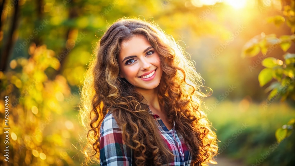 Beautiful young woman with long curly brown hair and bright smile, wearing a casual outfit, standing in a natural outdoors setting with a warm sunny background. Beautiful young woman with long curly brown hair and bright smile, wearing a casual outfit, standing in a natural outdoors setting with a warm sunny background.