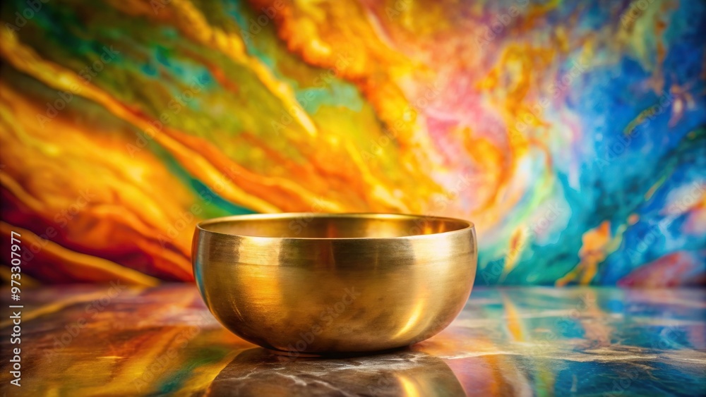 Fototapeta premium Golden singing bowl placed on a colorful marble Sound therapy embodying a sense of calm serenity and mindfulness Silhouette, sound therapy, calm, singing bowl, colorful marble