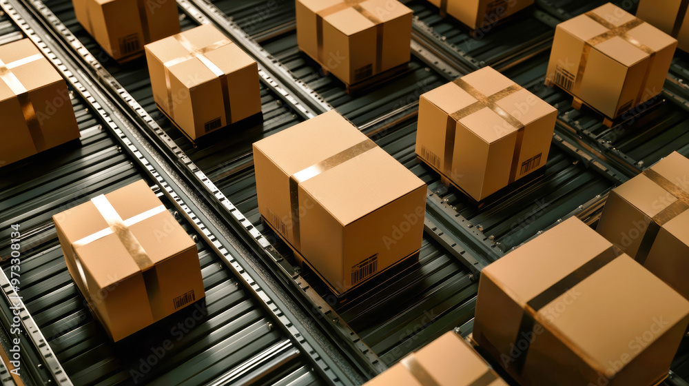 Cardboard boxes glide smoothly on a conveyor belt, navigating around a corner as they are sorted in a warehouse setting, set against a dark backdrop