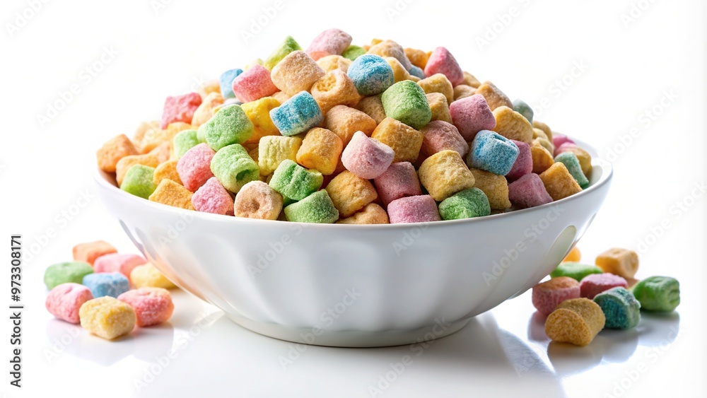 Frosted toasted oat cereal with colorful marshmallows arranged on a white background captured from a low angle, kids, frosted, crispy, nutrition, colorful, food, snack, breakfast,cereal, oat Frosted toasted oat cereal with colorful marshmallows arranged on a white background captured from a low angle, kids, frosted, crispy, nutrition, colorful, food, snack, breakfast,cereal, oat