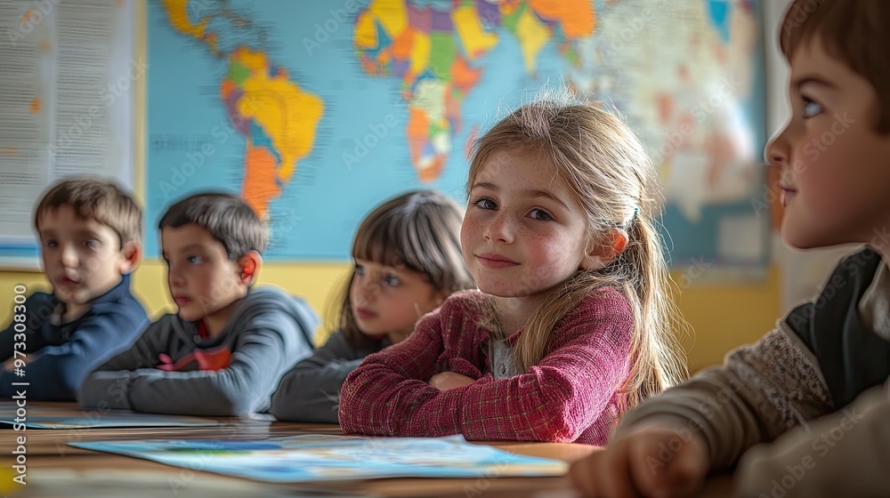 Children learning geography with maps on the blackboard, at school. Children learning geography with maps on the blackboard, at school.