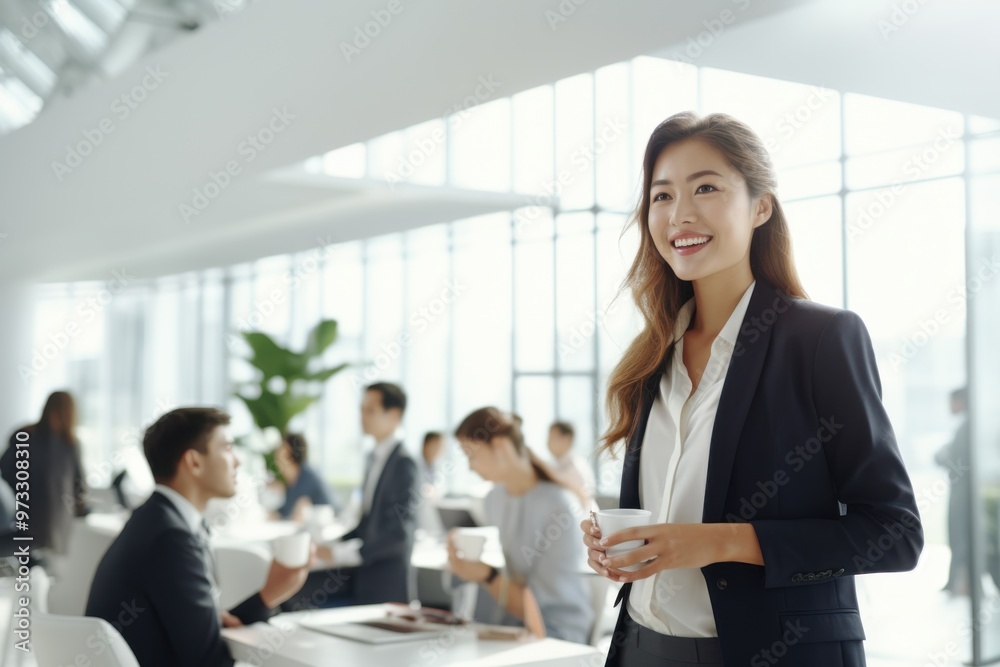A professional woman in a sleek office environment smiles confidently, holding a cup, amidst a bustling, modern workspace. A professional woman in a sleek office environment smiles confidently, holding a cup, amidst a bustling, modern workspace.