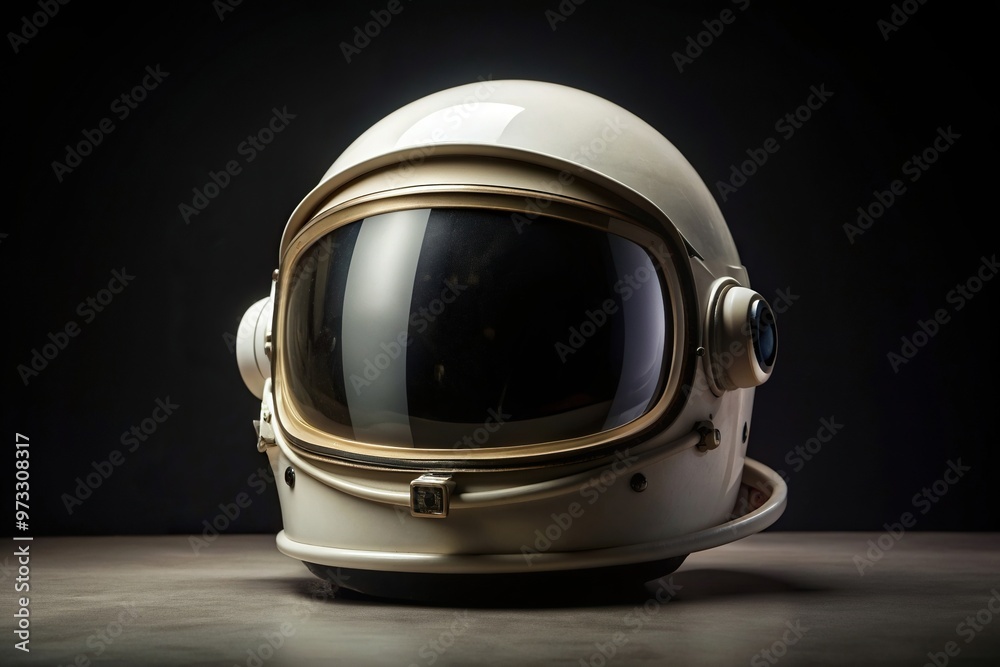 Fototapeta premium antique, cosplay, isolated, silhouette, headgear, astronaut costume, future, science, protective gear, White vintage astronaut helmet isolated on black background Silhouette