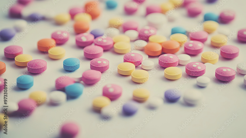 Colorful pills scattered across white surface create vibrant scene Colorful pills scattered across white surface create vibrant scene