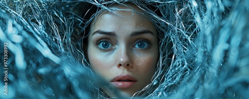 Businesswoman tangled in a web of financial regulations, illustrating bureaucratic entrapment.