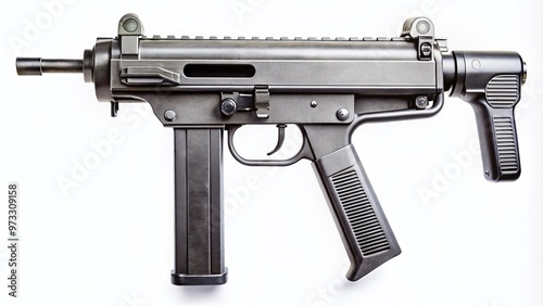 Close-up of a compact, lightweight, fully automatic submachine gun with a short barrel, folding stock, and ergonomic grip, ready for action. photo