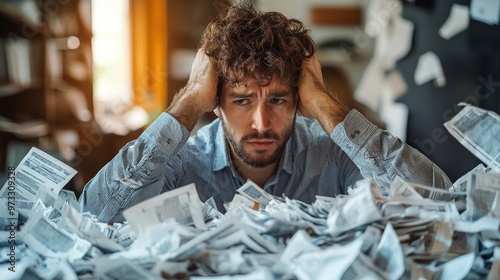 Overwhelmed man with a mountain of unpaid bills, financial burden concept.