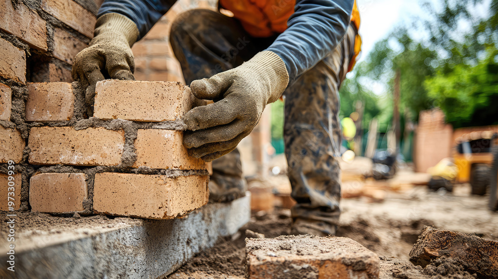 Laying bricks on residential house, construction worker focuses intently Laying bricks on residential house, construction worker focuses intently