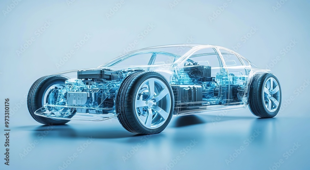 An electric car's transparent body with a visible engine and battery, showcasing the internal structure of an eco-friendly vehicle. An electric car's transparent body with a visible engine and battery, showcasing the internal structure of an eco-friendly vehicle.