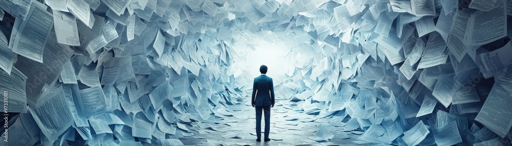 Person trapped in a maze of debt papers, symbolizing financial confusion. Person trapped in a maze of debt papers, symbolizing financial confusion.