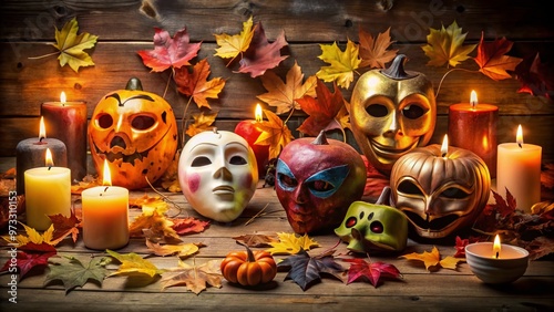 Colorful and spooky Halloween masks in various shapes, sizes, and designs lay scattered on a worn wooden table, surrounded by autumnal leaves and twinkling candles. photo