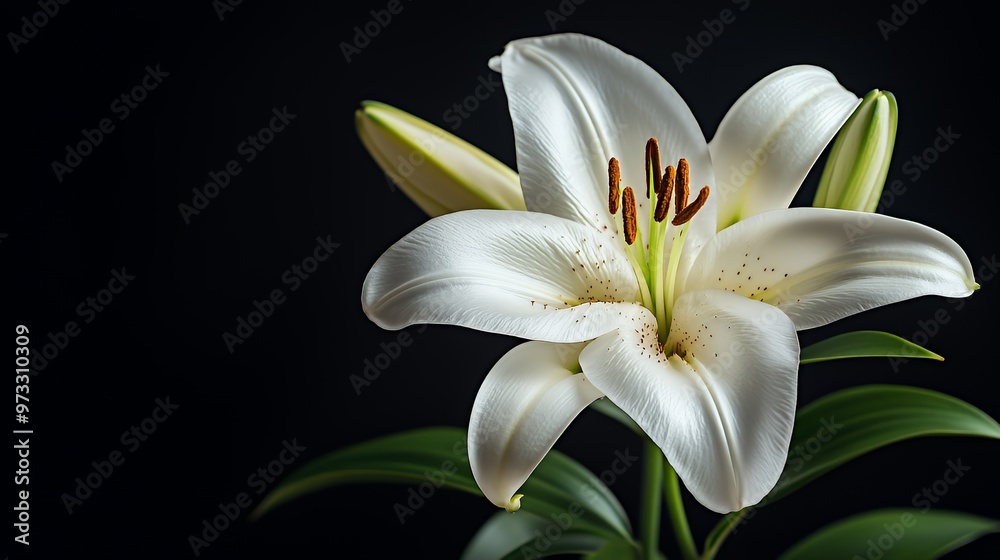 Obraz premium A close-up of a white lily with a dark background. The lily has delicate white petals and a prominent green stem.