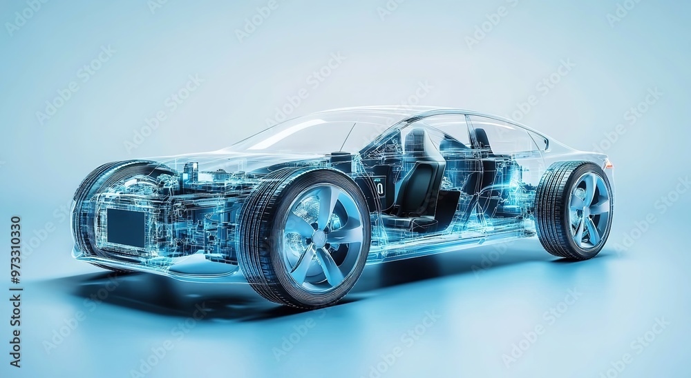 An electric car's transparent body with a visible engine and battery, showcasing the internal structure of an eco-friendly vehicle. An electric car's transparent body with a visible engine and battery, showcasing the internal structure of an eco-friendly vehicle.