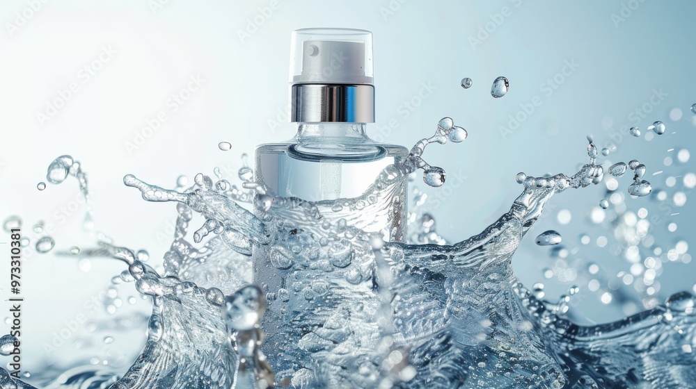 Transparent serum bottle with water splash effect, Close-up photo with clean background Transparent serum bottle with water splash effect, Close-up photo with clean background