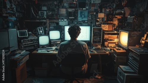 Hacker Working in Dark Room Surrounded by Vintage Tech Screens and Circuit Boards in a Retro Cyberpunk Setting