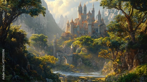A fantasy landscape featuring a magical forest and a medieval castle, creating a mystical and adventurous setting reminiscent of fairy tales and epic narratives.