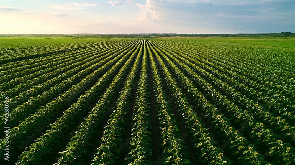 Aerial view of a field of sunflowers, with rows of plants growing in the field. The field is green and lush, and the sky is blue with white clouds. Aerial view of a field of sunflowers, with rows of plants growing in the field. The field is green and lush, and the sky is blue with white clouds.