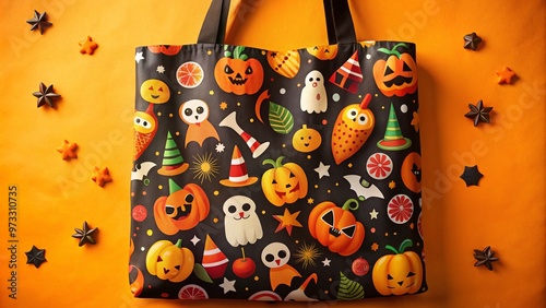 Colorful canvas tote bag decorated with spooky Halloween graphics and orange accents, perfect for kids to carry their treats and goodies on trick-or-treat night. photo