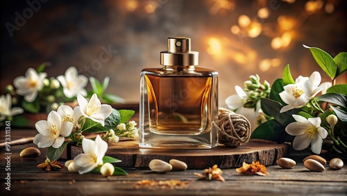 A captivating medium shot of a fragrance bottle with a rich and smoky oud wood and Jasmine Sambac scent surrounded by elegant floral decor, advert,smoky oud wood, decor, medium shot, floral photo