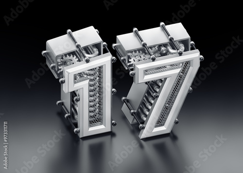 The Number Seventeen. 3D digits designed in a modern steampunk style and composed together to the number 17 on a reflective dark background. 3d rendering graphics in isometric projection.