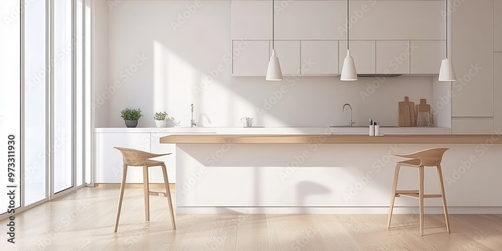 Modern kitchen interior in Scandinavian style, white and wooden, bar table, cabinets. Minimalist design
