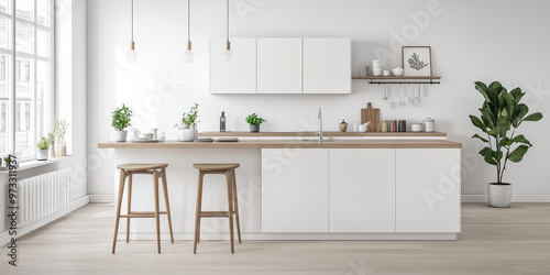 Modern kitchen interior in Scandinavian style, white and wooden, bar table, cabinets. Minimalist design