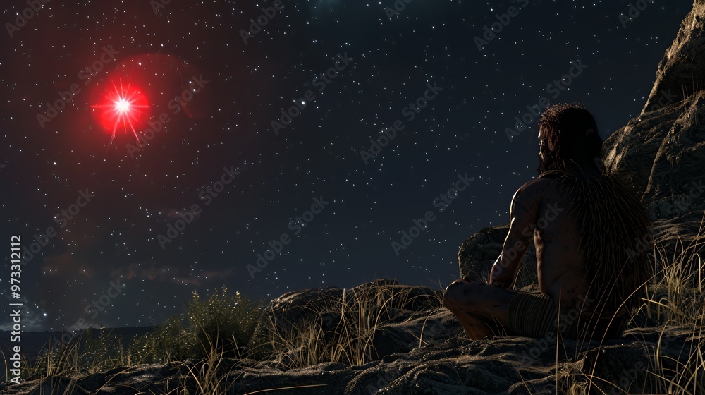 A lone figure sits on a rocky cliff, gazing up at a star-filled night sky with a bright, red star dominating the view. A lone figure sits on a rocky cliff, gazing up at a star-filled night sky with a bright, red star dominating the view.