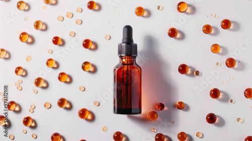 Vitamin capsules surrounding a collagen serum bottle on a white backdrop, clean background photo