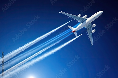 White airliner flying in a clear blue sky leaving behind a long vapor trail, flight, transportation, clear sky, high altitude, aircraft, white, travel, panoramic,airliner, condensation