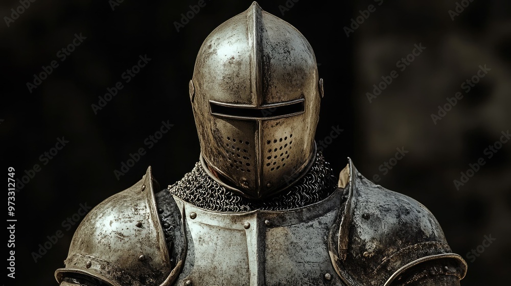 A close-up portrait of a knight in full armor, his helmet obscuring his face, standing against a dark background. A close-up portrait of a knight in full armor, his helmet obscuring his face, standing against a dark background.