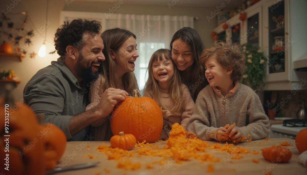 Happy Family Carving Pumpkins for Halloween Decoration Happy Family Carving Pumpkins for Halloween Decoration