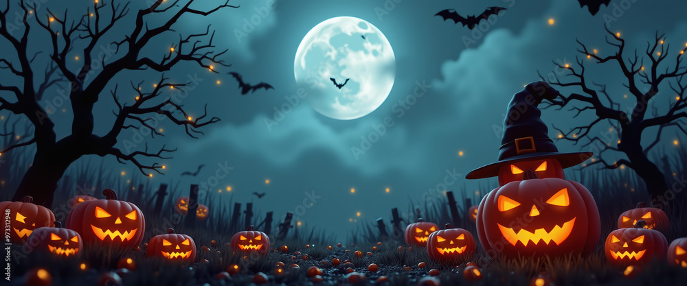 Fototapeta premium Spooky Halloween Jack-O-Lanterns with Witch Hat and Full Moon and Dark Night
