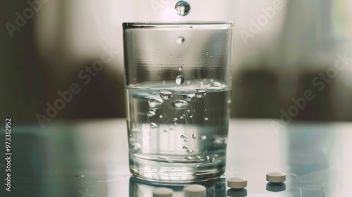 Water purification tablets dissolving in a glass Close-up photo with clean background photo