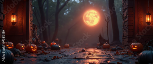 Spooky Halloween Night: Jack-o'-Lantern Path into Haunted Forest