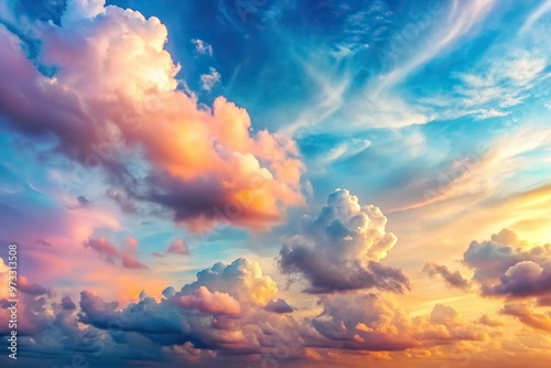 Pastel colored heavenly clouds create a breathtaking panoramic view at sunset merging with a gentle light blue gradient resulting in an asymmetrical and awe inspiring scene, clouds