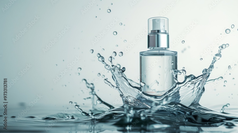 Water splash effect with serum bottle on pale background, Close-up photo with clean background Water splash effect with serum bottle on pale background, Close-up photo with clean background