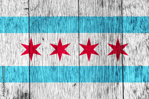 Flag of the city of Chicago, Illinois, USA, on a background of a wooden fence. Conceptual collage photo