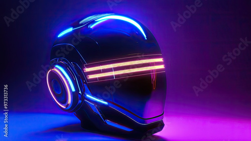 Futuristic helmet with glowing lights, designed for virtual reality, showcasing vibrant colors photo