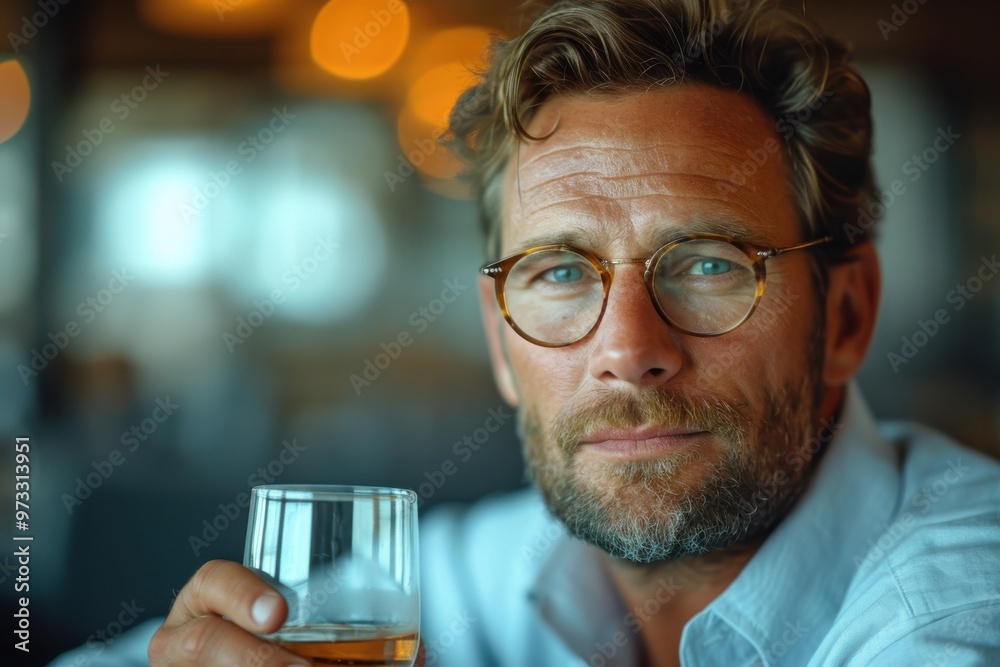 A relaxed businessman in glasses enjoys a drink, with a soft-focus background of office ambiance. A relaxed businessman in glasses enjoys a drink, with a soft-focus background of office ambiance.