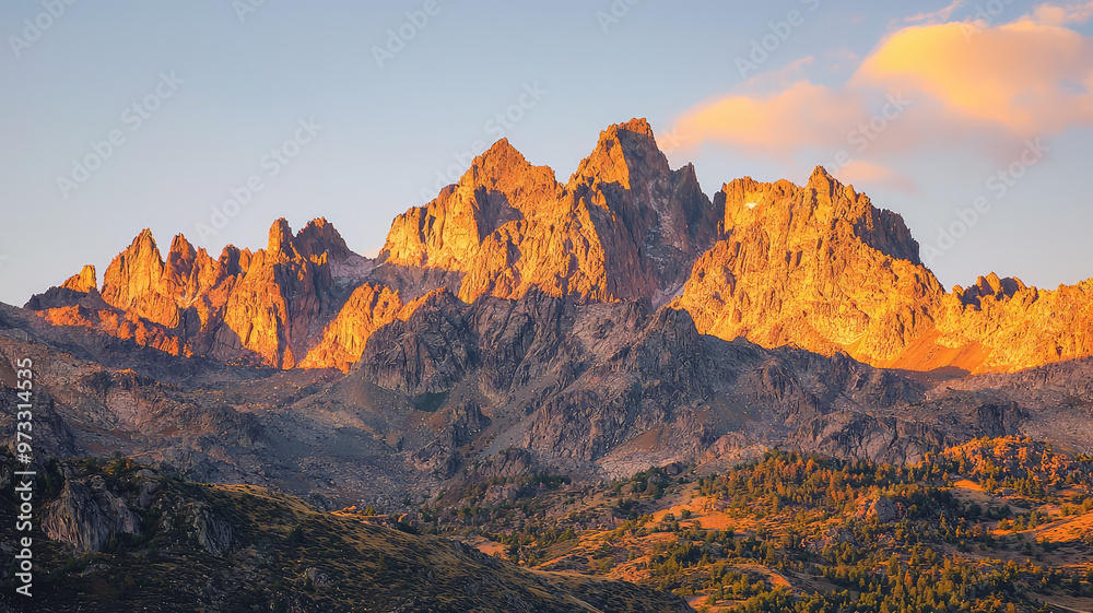 Naklejka premium Golden hour light hitting range of jagged mountain peaks creates stunning view