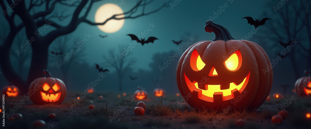 Halloween Jack-o'-Lantern glow in the dark forest - 3d scary pumpkins, spooky night concept