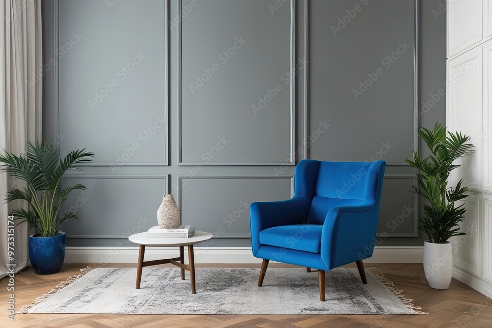 Cozy Den with Blue Armchair and Soft Grey Wall Backdrop in Modern Interior Design