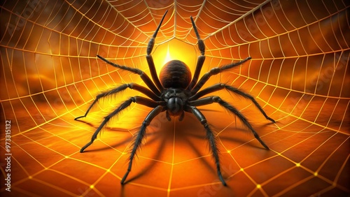 Creepy crawly Halloween illustration features a giant spider emerging from a vibrant orange background, with delicate web strands and eerie shadows surrounding its eerie gaze. photo