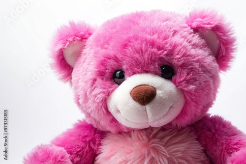 A close up shot of a soft fur plush stuffed teddy bear in cute shades of pink and magenta with a lotso expression placed on a white background as seen from a worm s eye view