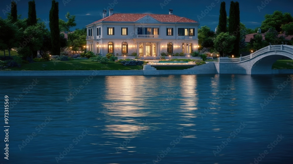 Obraz premium A magnificent Mediterranean-style mansion showcases large windows and red roof tiles, illuminated at dusk, offering spectacular views of the blue sea and lush surroundings