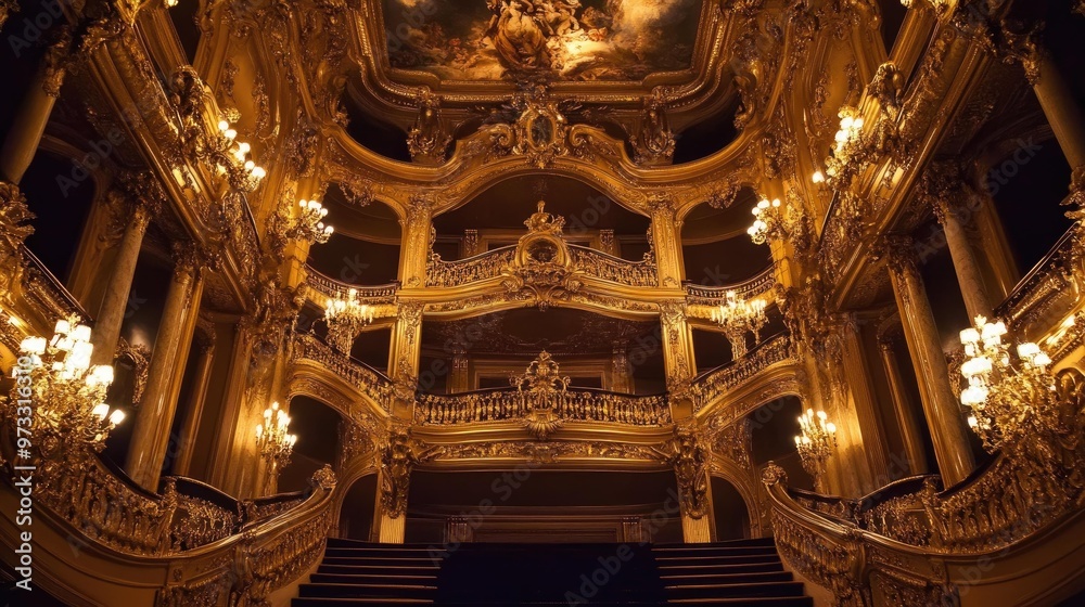 A grand staircase with ornate gold detailing and chandeliers leads to a balcony in a palatial building. A grand staircase with ornate gold detailing and chandeliers leads to a balcony in a palatial building.